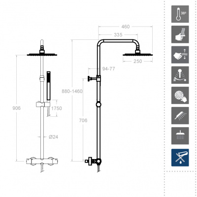 Душевая термостатическая система наружнего монтажа с телескопическим тропическим душем и душевым комплектом AROLA 265403RK250 Ramon Soler фото в интернет-магазине Русалия