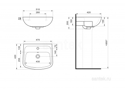 Раковина Santek Лонги 500х420 отверстие под смеситель 1WH501754 фото в интернет-магазине Русалия