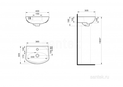 Раковина Santek Анимо 40 отверстие под смеситель 1WH110490 фото в интернет-магазине Русалия