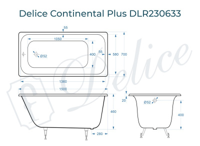 Ванна чугунная Delice Continental PLUS 150х70 DLR230633 фото в интернет-магазине Русалия