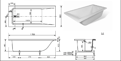 Ванна прямоугольная "FIXEN" 1700х800 VS17080 из литьевого мрамора Shruders фото в интернет-магазине Русалия