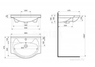 Раковина Santek Байкал 65 отверстие под смеситель 1WH109651 фото в интернет-магазине Русалия