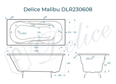 Ванна чугунная Delice Malibu 170х70 DLR230608 фото в интернет-магазине Русалия