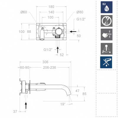 Встраиваемый однорычажный смеситель для раковины на раздельных пластинах с длинным изливом 240 мм TZAR 342103 Ramon Soler фото в интернет-магазине Русалия