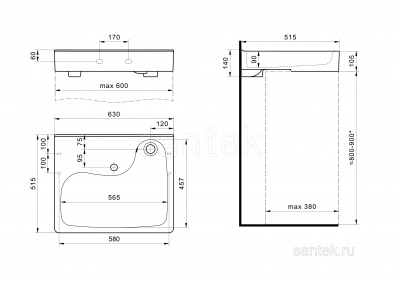 Раковина Santek Клио 60х51 без кронштейнов 1WH501769 фото в интернет-магазине Русалия