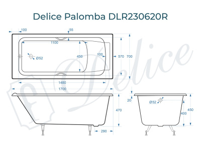 Ванна чугунная Delice Palomba 170х70 с отверстиями под ручки DLR230620R фото в интернет-магазине Русалия