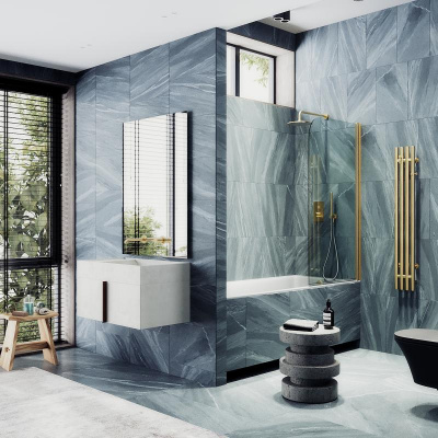 Распашная шторка для ванны поворотная на монопетле 60 см, стекло прозрачное, профиль золото MGV-598-3 Maybah Glass фото в интернет-магазине Русалия