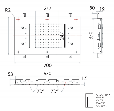 Верхний душ потолочный с подсветкой 70x40 см Remer 357RR7040N2CWDO, золото глянцевое фото в интернет-магазине Русалия