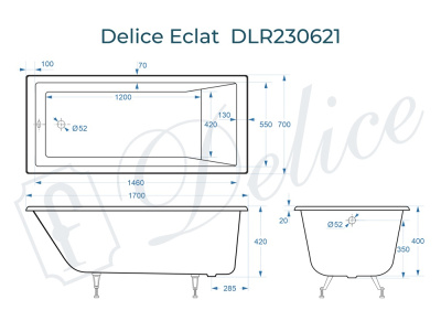 Ванна чугунная Delice Eclat 170х70 DLR230621 фото в интернет-магазине Русалия