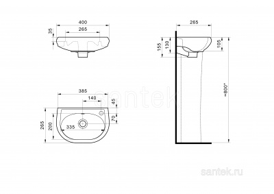 Раковина Santek Бриз 40 отверстие под смеситель справа 1WH110445 фото в интернет-магазине Русалия
