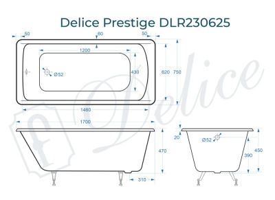 Ванна чугунная Delice Prestige 170х75 DLR230625 фото в интернет-магазине Русалия