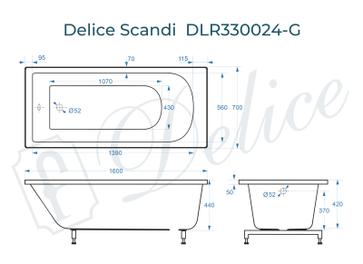 Ванна из литьевого мрамора Delice Scandi 160х70 глянцевая DLR330024-G фото в интернет-магазине Русалия