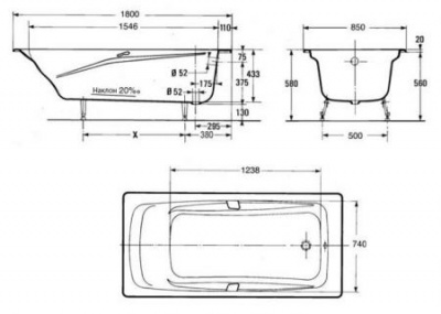 Чугунная ванна JACOB DELAFON REPOS E2903 180х85 с отверстиями под ручки фото в интернет-магазине Русалия