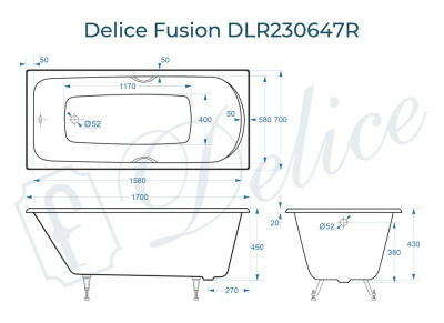 Ванна чугунная Delice Fusion 170х70 с отверстиями под ручки DLR230647R фото в интернет-магазине Русалия