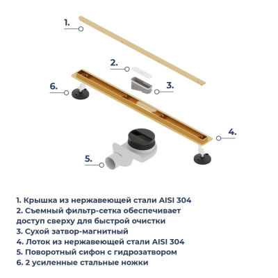 Душевой трап RGW SDR-54Gb 800мм золото BRUSH фото в интернет-магазине Русалия