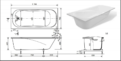 Ванна прямоугольная "GRATE" 1700х750мм BG17075 из литьевого мрамора Shruders фото в интернет-магазине Русалия