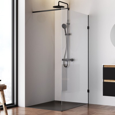 W94WI-110-F1-BTE Душевая перегородка X-Joy 110x195, стекло прозр. 6 мм + покрытие, фурнитура черный Am.Pm фото в интернет-магазине Русалия