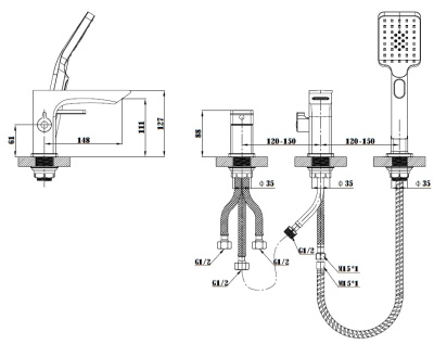 Смеситель ESKO «Samara» на борт ванны на 3 отверстия (SMR355) фото в интернет-магазине Русалия