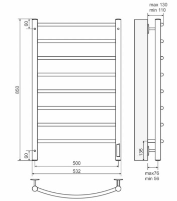 Полотенцесушитель электрический Классик П8 500x850, черный (RAL 9005 матовый) 4660059930367 Terminus фото в интернет-магазине Русалия