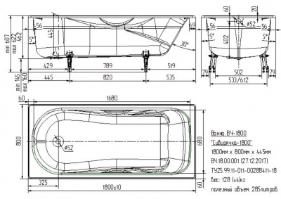 Ванна чугунная Сибирячка 180х80 без отверстий под ручки Универсал фото в интернет-магазине Русалия