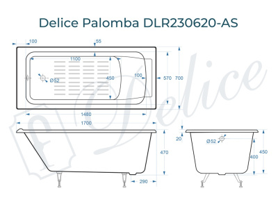 Ванна чугунная Delice Palomba 170х70 с антискользящим покрытием DLR230620-AS фото в интернет-магазине Русалия