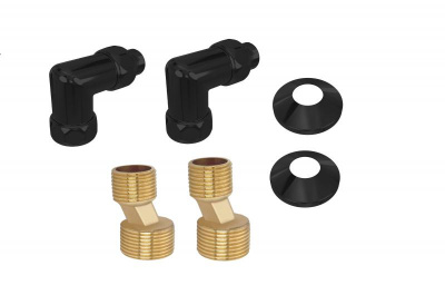 Комплект фитингов для нижнего подключения водяных полотенцесушителей типа лесенка Aquatek ( уголок со сгоном 3/4х1/2 - 2 шт + эксцентрик 3/4х1/2 - 2 шт + отражатель 3/4 - 2 шт), цвет черный муар AQ 3020BL фото в интернет-магазине Русалия