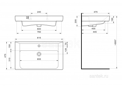 Раковина Santek Тигода 80 отверстие под смеситель 1WH302084 фото в интернет-магазине Русалия