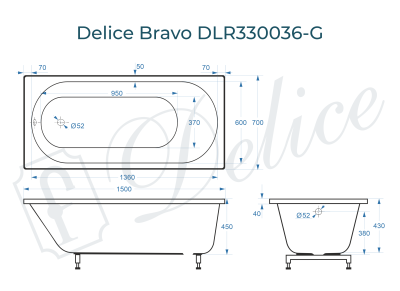Ванна из литьевого мрамора Delice Bravo 150х70 глянцевая DLR330036-G фото в интернет-магазине Русалия