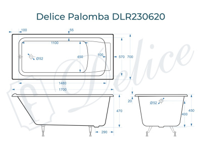 Ванна чугунная Delice Palomba 170х70 DLR230620 фото в интернет-магазине Русалия
