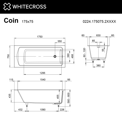 Ванна WHITECROSS Coin 175x75 (RAL мат) иск. камень 0224.175075.2XXXX фото в интернет-магазине Русалия