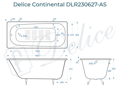 Ванна чугунная Delice Continental 180х80 с антискользящим покрытием DLR230627-AS фото в интернет-магазине Русалия