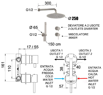 Душевая система Remer X Style INOX SSX92PS02UFM25, нержавеющая сталь фото в интернет-магазине Русалия