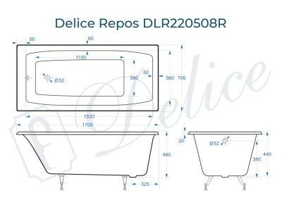 Чугунная ванна Repos 170х70 DLR 220508 Delice фото в интернет-магазине Русалия
