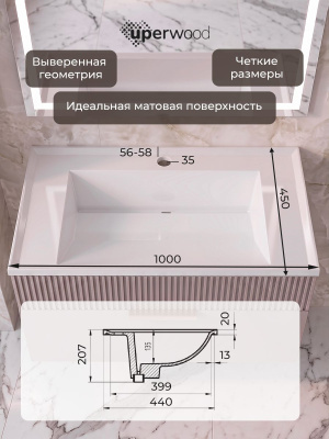 Раковина для ванной Uperwood Фокс (Fox) 100 см, белая глянцевая RFox100Wg фото в интернет-магазине Русалия