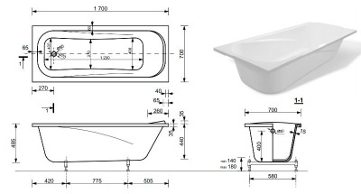 Ванна прямоугольная "GRATE" 1700х700 BG17070 из литьевого мрамора Shruders фото в интернет-магазине Русалия