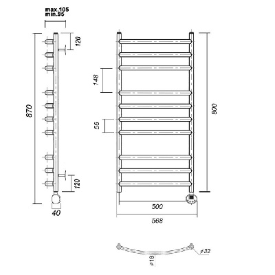 Электрический полотенцесушитель Калипсо П10 500x800 ER, хром Domoterm фото в интернет-магазине Русалия