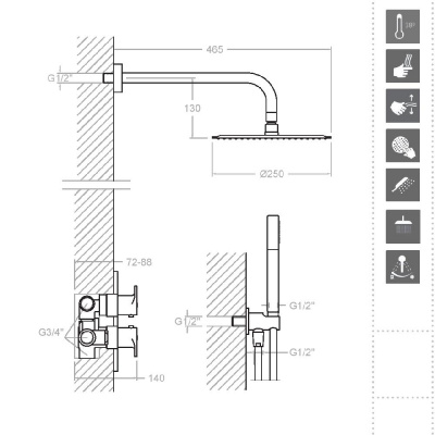 Встраиваемая термостатическая душевая система с тропическим душем и душевым комплектом ALEXIA K3687011OC золото брашированное Ramon Soler фото в интернет-магазине Русалия