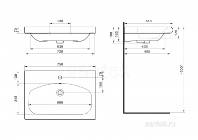 Раковина Santek Индига 75 отверстие под смеситель 1WH301978 фото в интернет-магазине Русалия