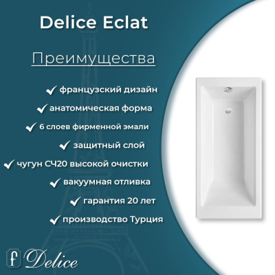 Ванна чугунная Delice Eclat 170х70 с отверстиями под ручки DLR230621R фото в интернет-магазине Русалия