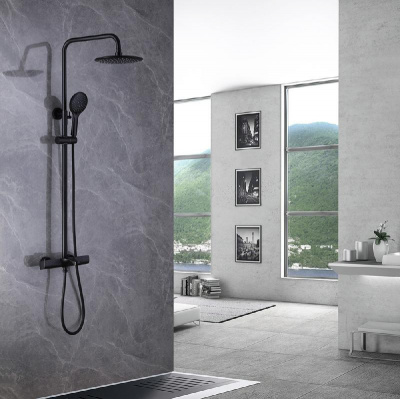 Душевая стойка ABBER Thermostat AF8516B с термостатом и изливом, черная матовая фото в интернет-магазине Русалия