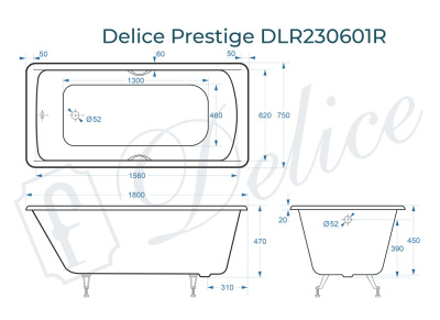 Ванна чугунная Delice Prestige 180х75 с отверстиями под ручки DLR230601R фото в интернет-магазине Русалия