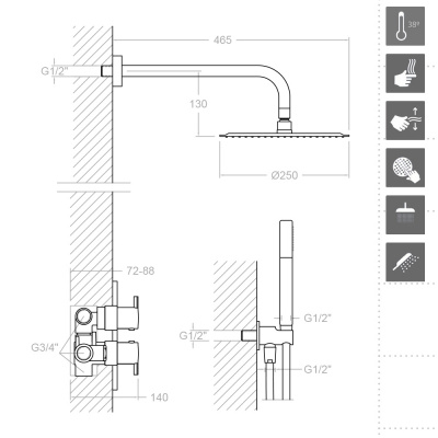 Встраиваемая термостатическая душевая система с тропическим душем и душевым комплектом DRAKO K3387011 Ramon Soler фото в интернет-магазине Русалия
