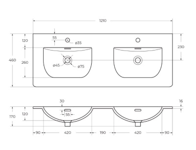 Керамическая раковина с двумя чашами BB-8099-120-2, 1210x460x170 Belbagno фото в интернет-магазине Русалия
