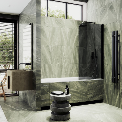 Распашная шторка для ванны поворотная на монопетле 50 см, стекло тонированное (графит), профиль черный MGV-608-6 Maybah Glass фото в интернет-магазине Русалия