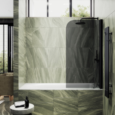 Распашная шторка для ванны поворотная на монопетле 50 см, стекло тонированное (графит), профиль черный MGV-608-6 Maybah Glass фото в интернет-магазине Русалия