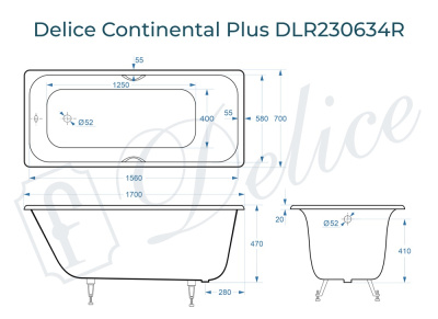 Ванна чугунная Delice Continental PLUS 170х70 с отверстиями под ручки DLR230634R фото в интернет-магазине Русалия