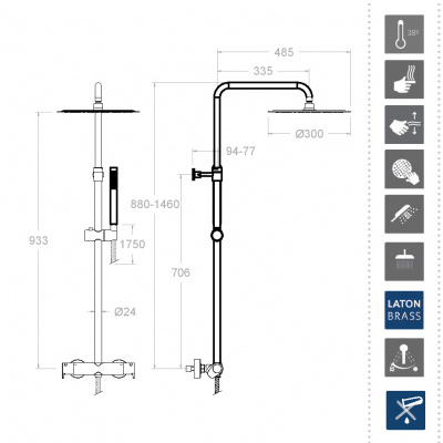 Душевая термостатическая система наружнего монтажа с телескопическим тропическим душем и душевым комплектом ALEXIA 365402RM250NC никель брашированный Ramon Soler фото в интернет-магазине Русалия