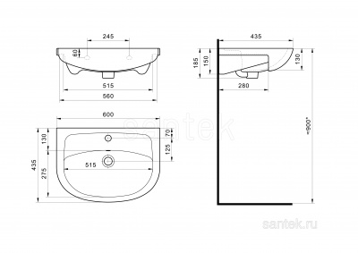 Раковина Santek Эллада 60 отверстие под смеситель 1WH110198 фото в интернет-магазине Русалия