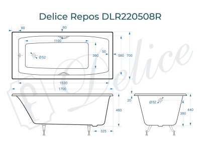 Ванна чугунная Delice Repos 170х70 с черными матовыми ручками DLR220508RB фото в интернет-магазине Русалия