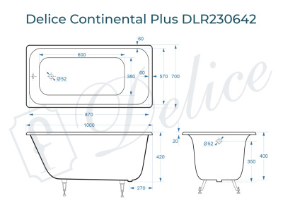 Ванна чугунная Delice Continental PLUS 100х70 DLR230642 фото в интернет-магазине Русалия